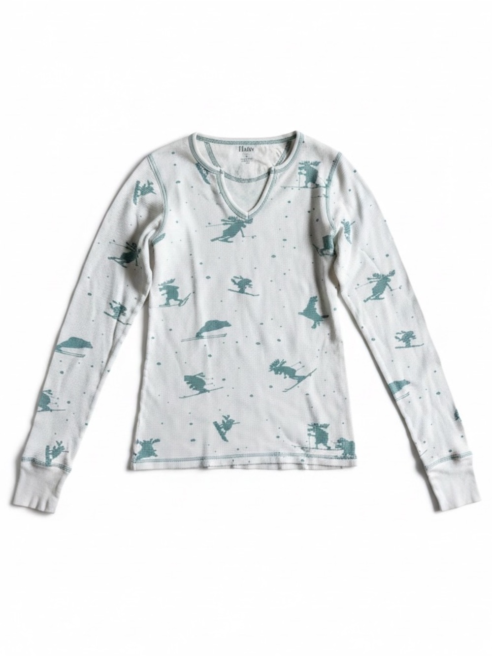 Hatley Ski Print Thermal Waffle Knit Pajama Top Base Layer White Green Small